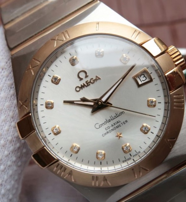 Replica Omega V6 Constellation 35mm White Dial YG Bezel Diamonds Markers SS Bracelet A2500