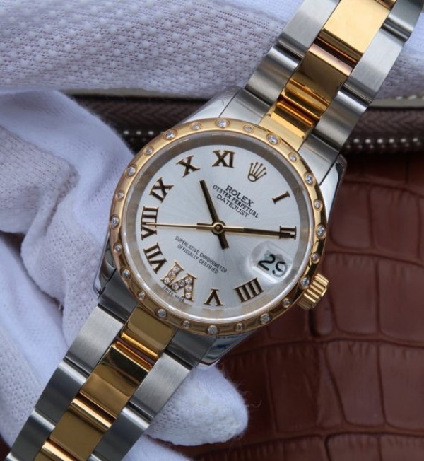 Replica Rolex DateJust 31mm Diamonds Bezel Roman Markers White Dial Bracelet A2235