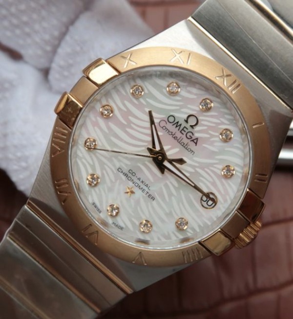 Replica Omega V6 Constellation 35mm SS White Dial Diamonds Markers RG Bezel A2500
