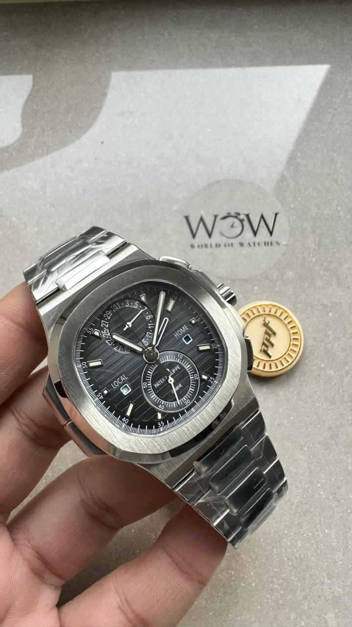 Replica PATEK PHILIPPE PPF Nautilus Chronograph Travel 5990 SS Grey Dial Stick on SS Bracelet A28-520