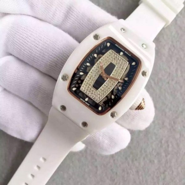 Replica Richard Mille RM007-01 Lady SS Diamonds Black Dial RG White Rubber Strap 6T51