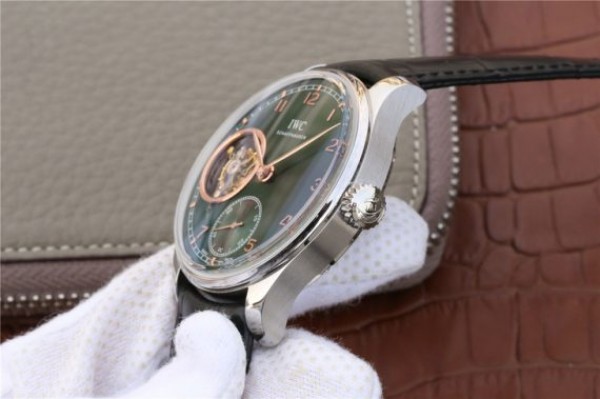 Replica IWC Portuguese Tourbillon IW5463 SS YLF Green Dial RG Markers Black Leather Strap A98900