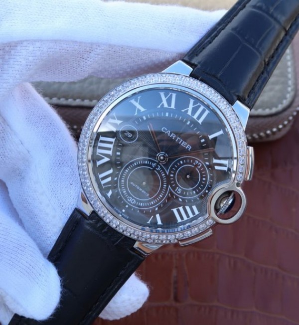 Replica Cartier Ballon Bleu De Cartier Chrono SS Black Dial Diamonds Bezel A8101