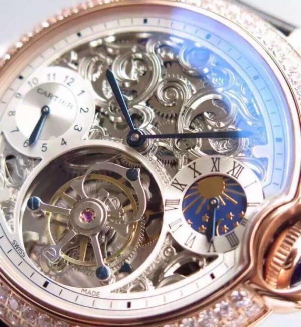 Replica Cartier Ballon Bleu Skeleton Tourbillon Diamond Bezel RG White Dial