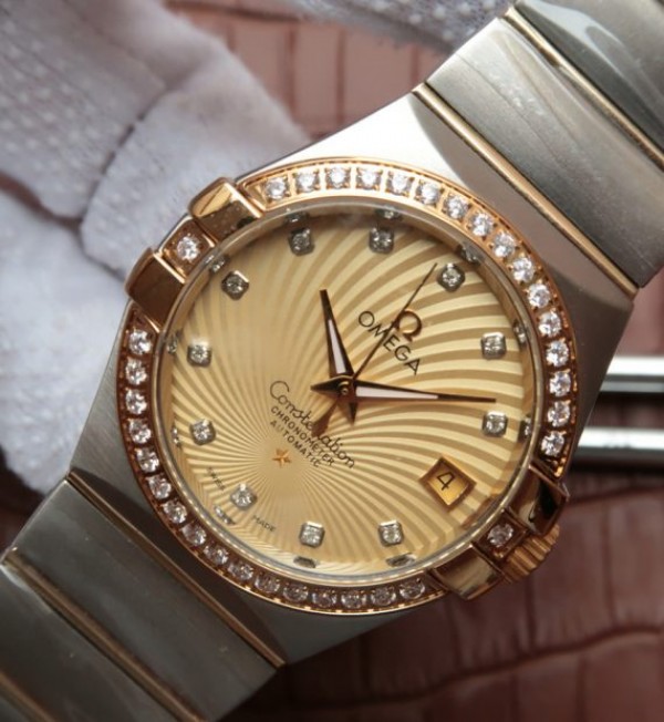 Replica Omega V6 Constellation 35mm Diamonds Bezel YG Textured Dial SS Bracelet A2500