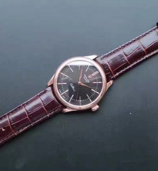 Replica Rolex MK Cellini Time 50505 Black Dial RG Leather Strap A3165