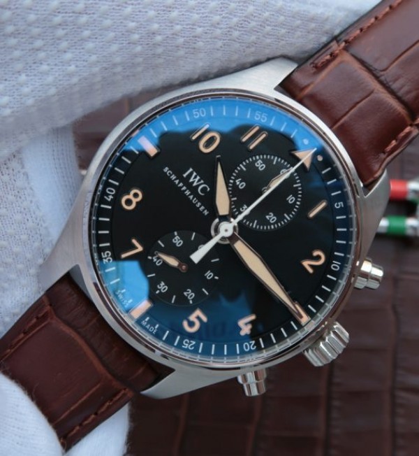 Replica IWC ZF Pilot Chrono SS IW387808 Black Dial Leather Strap