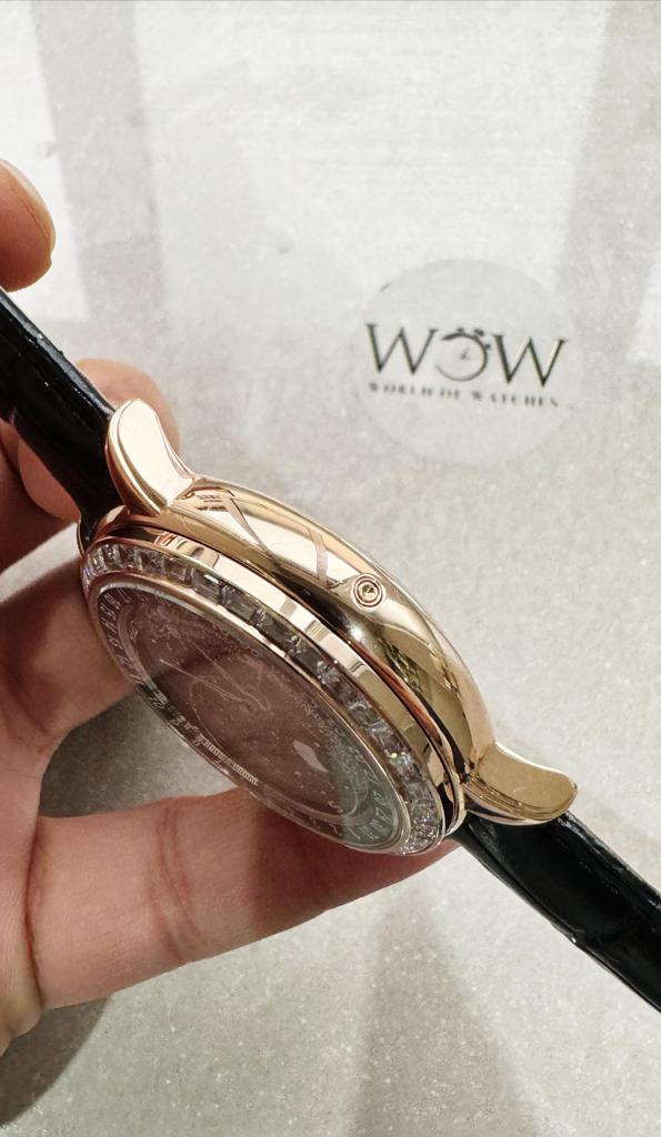 Replica PATEK PHILIPPE 6104P Moon RG Black Dial Diamond Bezel on Black Leather Strap A240 V2