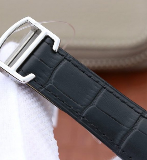 Replica Cartier Tank MC SS Black Dial Diamonds Bezel Leather Strap