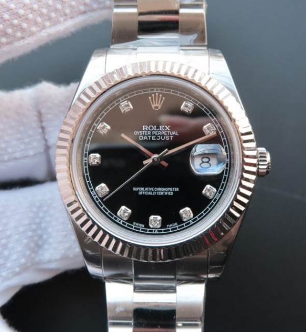 Replica Rolex DateJust 41mm 116334 Fluted Bezel Black Dial Diamonds Markers SS Bracelet A3136