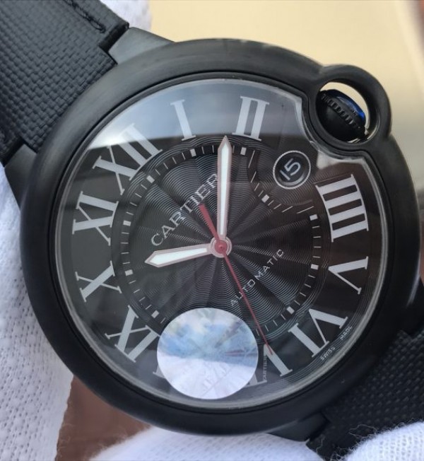 Replica Cartier JF Ballon Bleu 42mm DLC All Black Black Textured Dial Leather Strap A1847