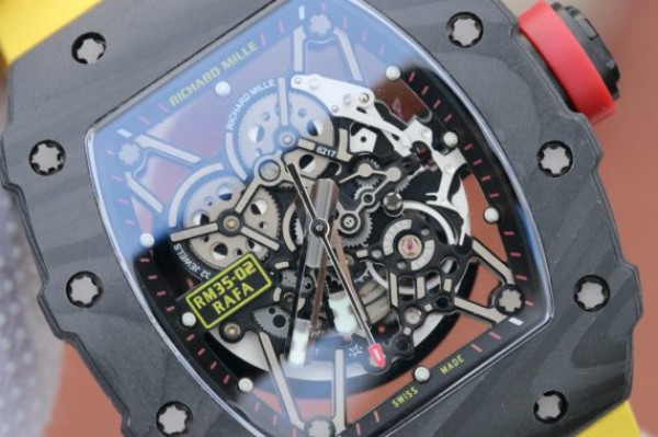 Replica Richard Mille RM035-02 Rafael Nadal FC Titanium Case KVF Skeleton Dial Red Yellow Rubber Strap MIYOTA8215