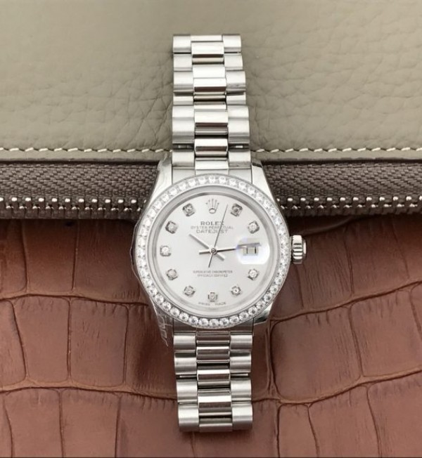 Replica Rolex DateJust 28mm Diamonds Bezel White Dial Diamonds Markers SS Bracelet A2236