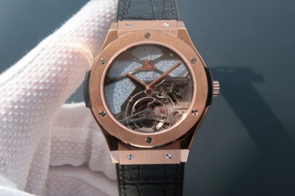 Replica Hublot Classic Fusion Tourbillon RG 45mm TF Skeleton Purple Dial Black Gummy Strap A23J