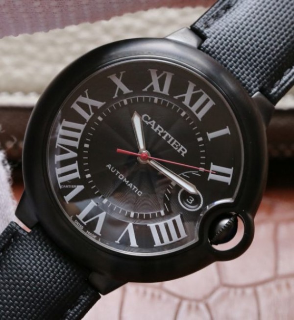 Replica Cartier V6F Ballon Bleu 42mm DLC All Black Black Textured Dial Leather Strap A1847