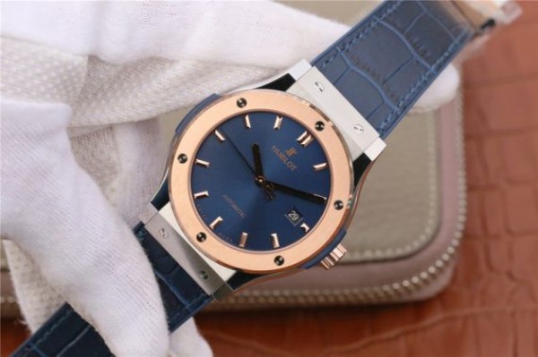 Replica Hublot Classic Fusion 42mm RG JJF Blue Dial Blue Gummy Strap A2892