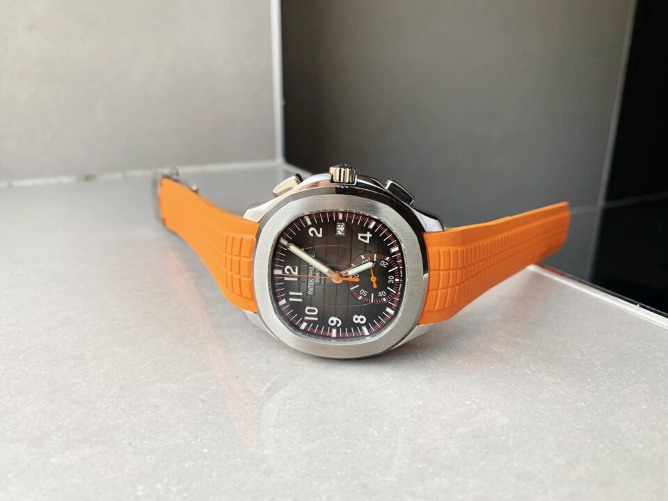 Replica PATEK PHILIPPE Aquanaut 5168G 42mm SS ZF 1:1 Best Edition Black Dial on Orange Rubber Strap