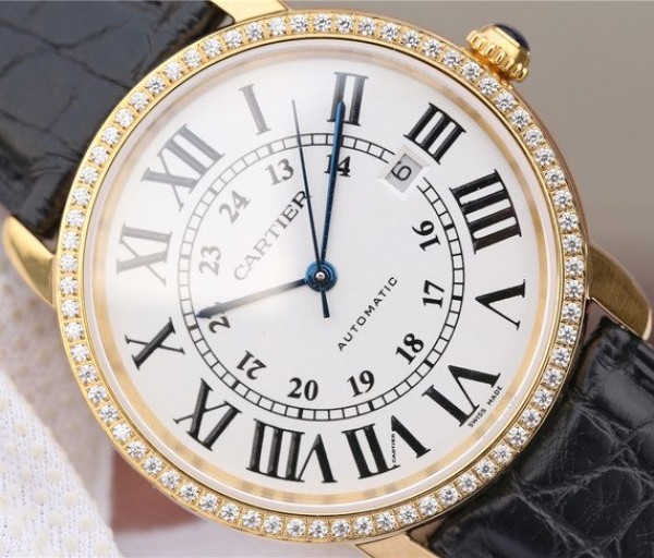 Replica Cartier Ronde De Cartier YG White Dial Diamonds Bezel Croco Strap A2892