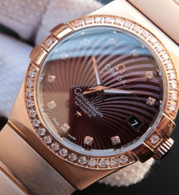 Replica Omega V6 Constellation Diamonds Bezel Brown Textured Dial RG Case A2500