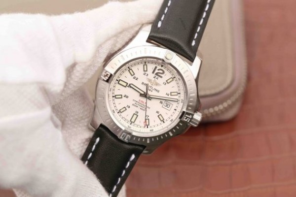 Replica Breitling Colt Automatic 44mm SS GF White Textured Dial on Black Leather Strap A2824