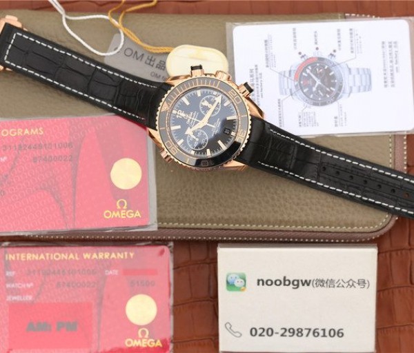 Replica Omega OMF Planet Ocean Master Chronometer RG Black Polished Bezel Black Dial Leather A9901