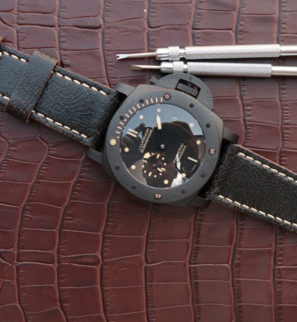 Replica Panerai XF PAM508 Real Ceramic Black Distressed Calfskin Strap