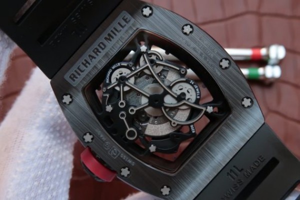 Replica Richard Mille RM055 Black Ceramic Red Inner Bezel Skeleton Dial Black Rubber Strap MIYOTA8215