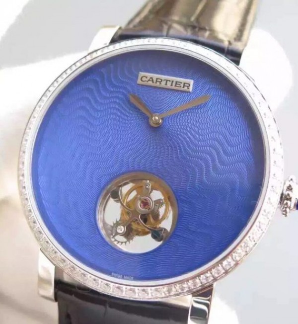 Replica Cartier Rotonde De Cartier Tourbillon Diamonds Bezel Blue Dial