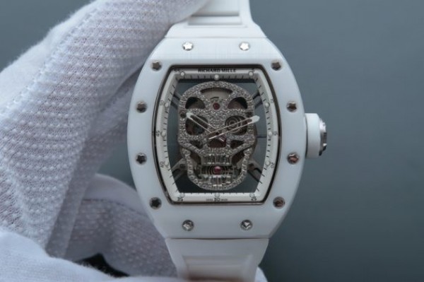Replica Richard Mille RM052 White Ceramic Diamonds Skull Dial White Rubber Strap MIYOTA8215