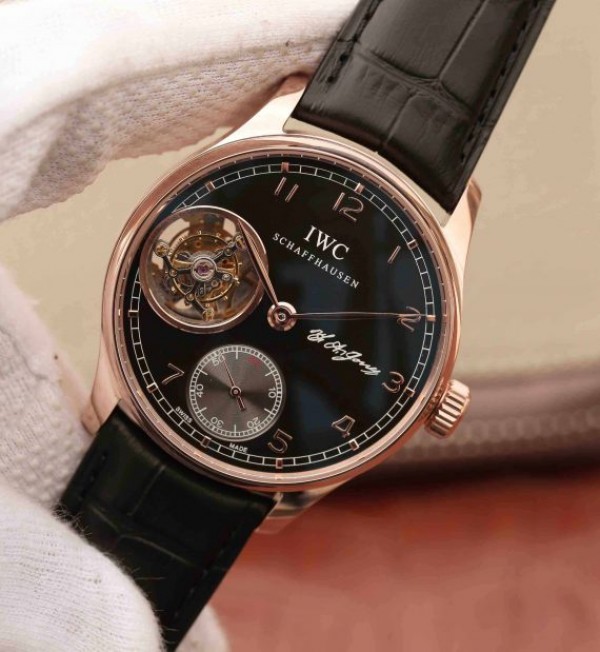 Replica IWC AZ Portuguese Flying Tourbillon SS Black Dial Leather Strap