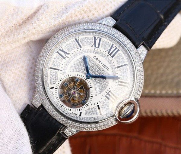 Replica Cartier Ballon Bleu de Cartier Tourbillon SS Full paved Diamonds Leather Strap