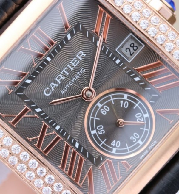 Replica Cartier Tank MC RG Gray Textured Dial Diamonds Bezel Leather Strap