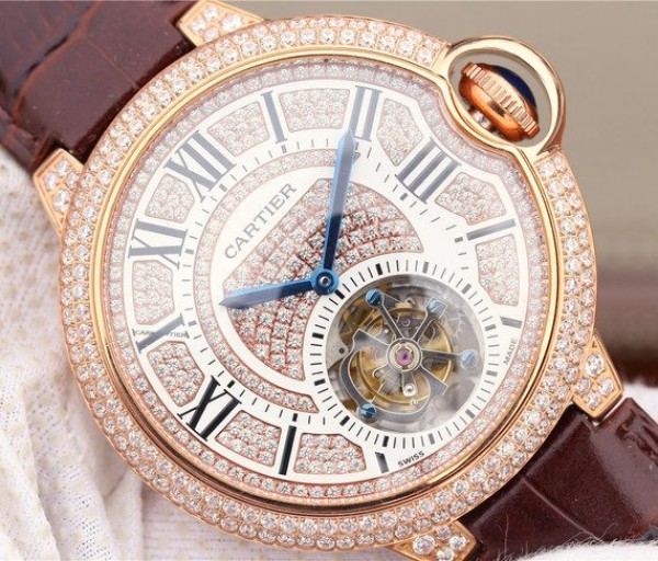 Replica Cartier Ballon Bleu de Cartier Tourbillon RG Full Paved Diamonds Leather Strap