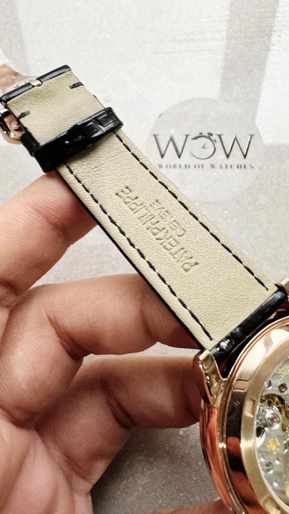 Replica PATEK PHILIPPE 6104P Moon RG Black Dial Diamond Bezel on Black Leather Strap A240 V2