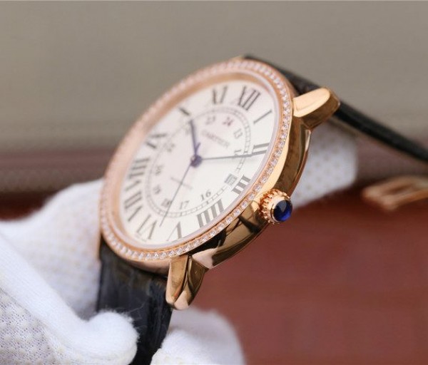 Replica Cartier Ronde De Cartier RG White Dial Diamonds Bezel Croco Strap A2892