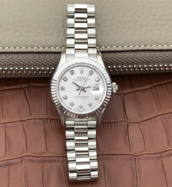Replica Rolex DateJust 28mm Fluted Bezel White Dial Diamonds Markers Bracelet A2236
