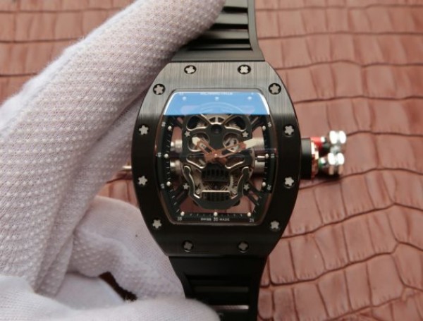 Replica Richard Mille RM 052 Skull Watch Black Ceramic Skeleton Dial Black Rubber Strap 6T51