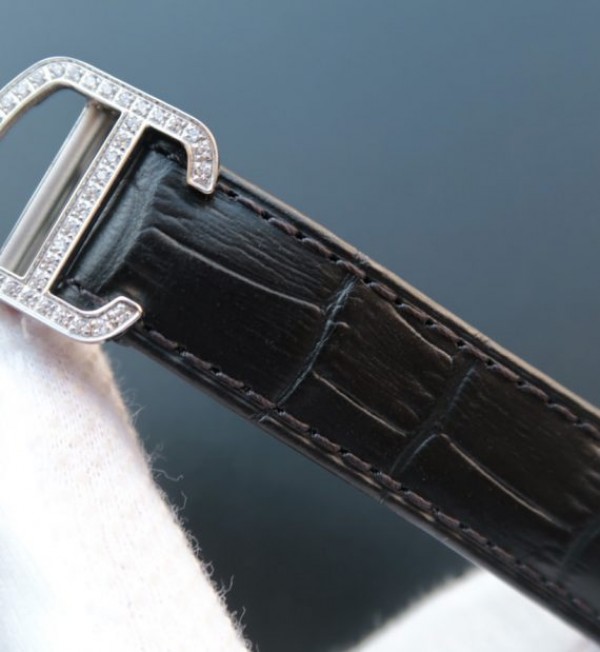 Replica Cartier Ballon Bleu de Cartier Tourbillon SS Paved Diamonds Black Leather Strap