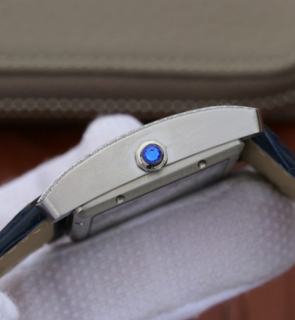 Replica Cartier Tank MC SS Blue Textured Dial Diamonds Bezel Leather Strap