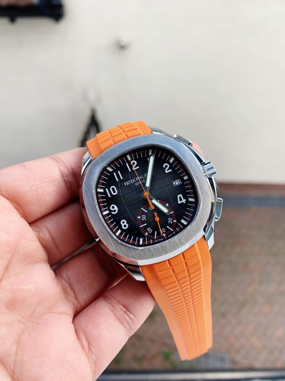 Replica PATEK PHILIPPE Aquanaut 5168G 42mm SS ZF 1:1 Best Edition Black Dial on Orange Rubber Strap