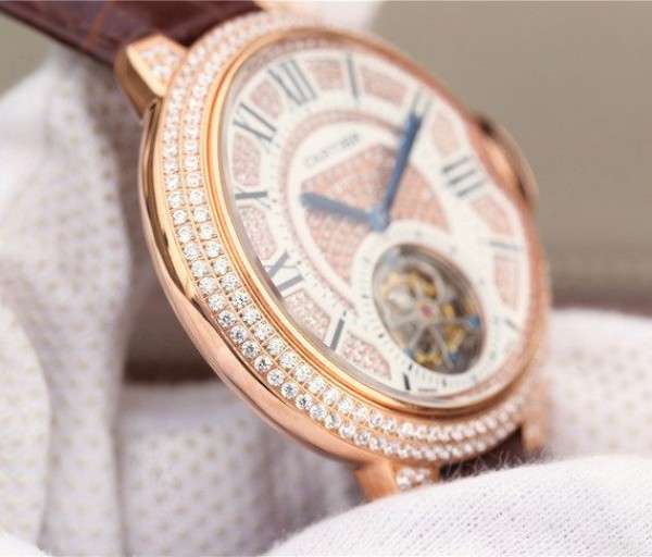 Replica Cartier Ballon Bleu de Cartier Tourbillon RG Full Paved Diamonds Leather Strap