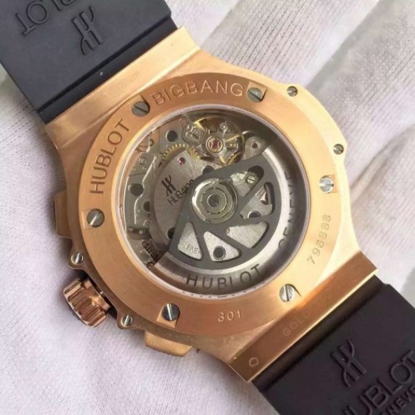 Replica Hublot Big Bang Gold Full Pave Chrono RG Diamonds Dial Black Rubber Strap A7750