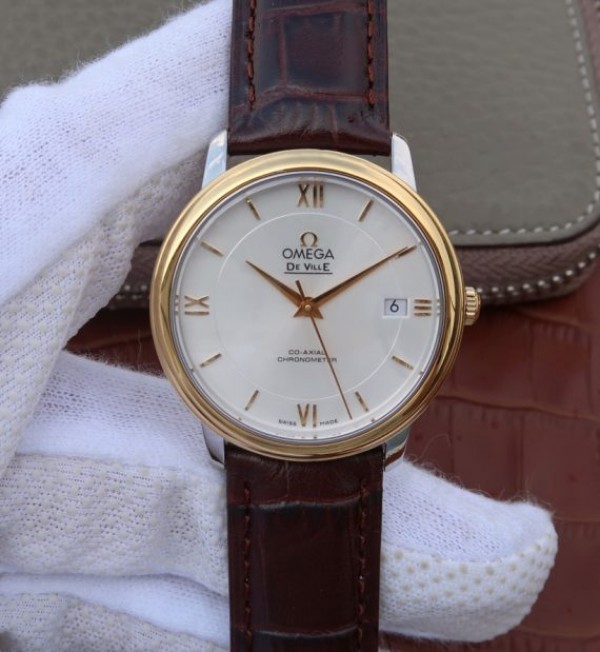 Replica Omega V6 De Ville 37mm YG Bezel White Dial YG Markers Leather Strap A2892