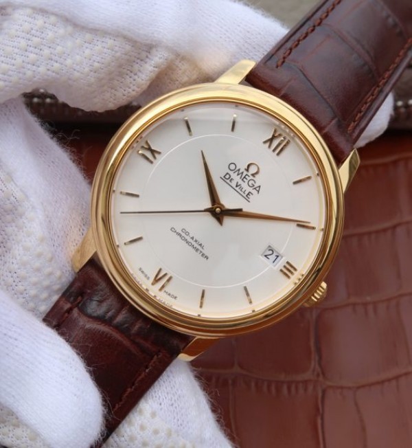 Replica Omega MKF De Ville 37mm YG White Dial YG Markers Leather Strap A2892