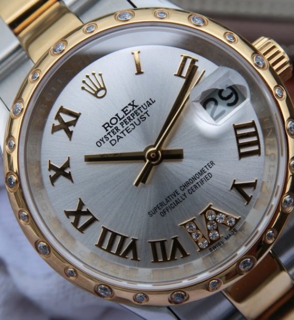 Replica Rolex DateJust 31mm Diamonds Bezel Roman Markers White Dial Bracelet A2235