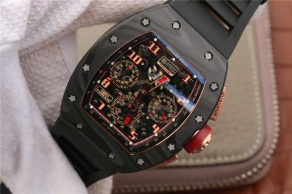 Replica Richard Mille RM011 NTPT Lotus F1 Team RG Chronograph KVF Crystal Skeleton Dial Red Black Rubber Strap A7750