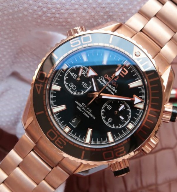 Replica Omega Planet Ocean Master Chronometer RG Black Bezel Black Dial RG Bracelet A9301
