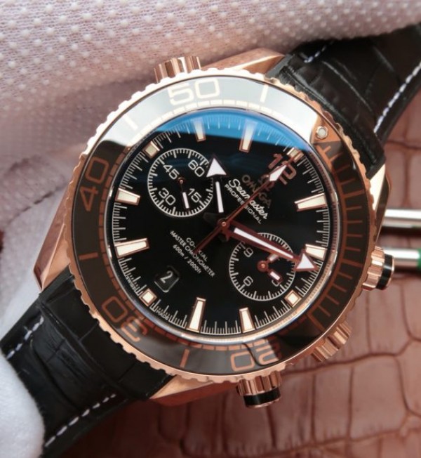 Replica Omega Planet Ocean Master Chronometer RG Black Bezel Black Dial Leather A9301