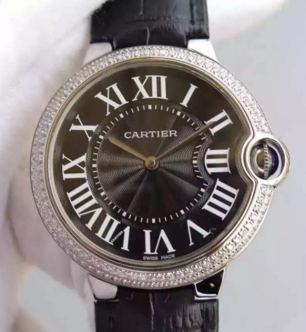 Replica Cartier Ballon Bleu 40mm Diamonds Bezel Black Dial Leather Strap MIYOTA9015
