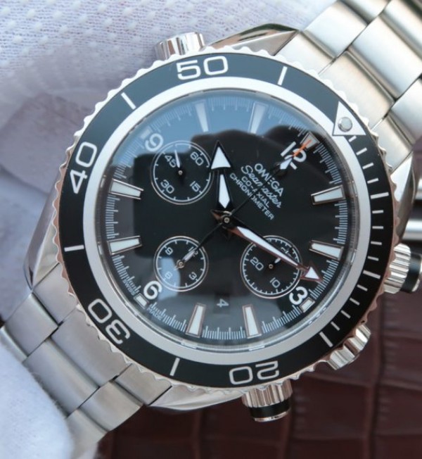 Replica Omega Seamaster Planet Ocean Chrono 45mm Black Dial Silver Markers SS Bracelet A7750